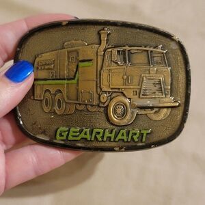 Vintage Gearhart Brass Green Oil Gas Drilling Truck Advertising Belt Buckle